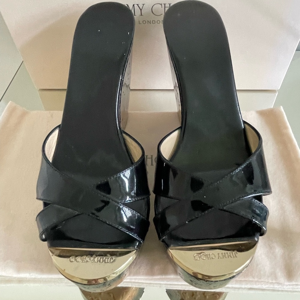 JIMMY CHOO 141 PERFUME PDR 001 BLACK size 35/5 BLK PATENT CORK OMBRÉ bag/box